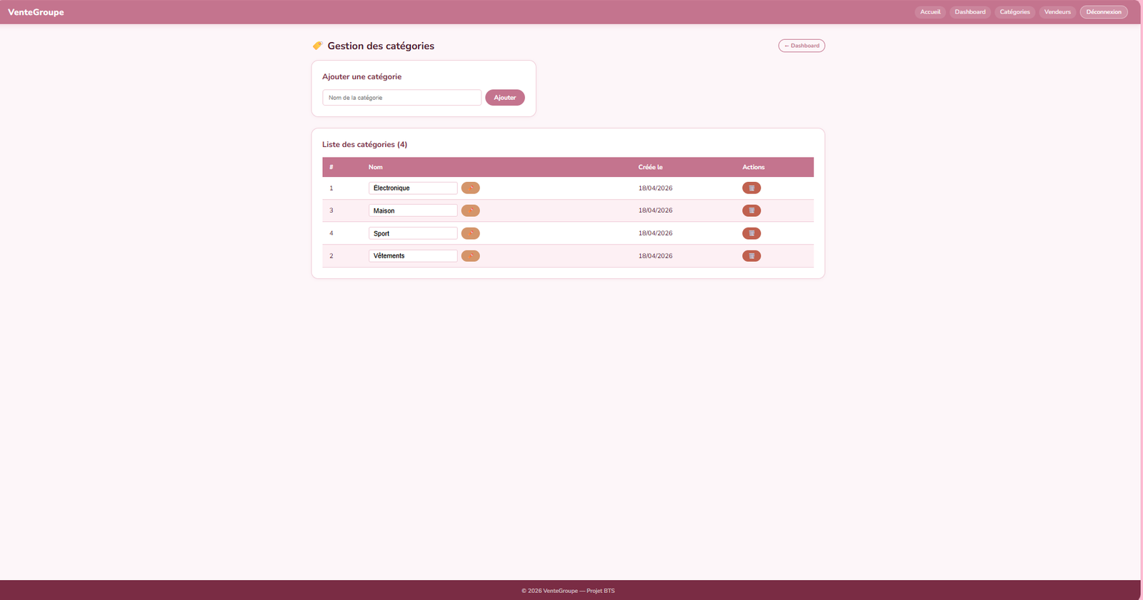 Gestion des catégories
